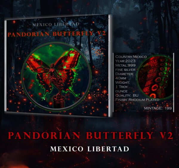 Packaging for the 2023 Mexico Libertad Pandorian Butterfly 1 oz Silver Colorized Rhodium Coin