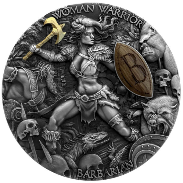 2024 Niue Woman Warriors Barbarian 2 oz Silver High Relief Antiqued Gilded Coin