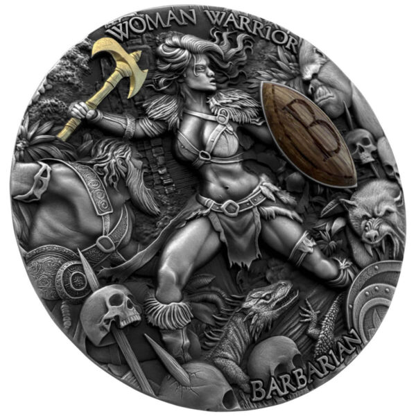 2024 Niue Woman Warriors Barbarian 2 oz Silver High Relief Antiqued Gilded Coin - Image 3