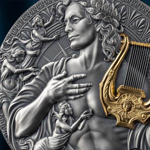 2025 Cameroon Great Greek Mythology Apollo 2 oz Silver High Relief Antiqued Gilded Coin - Image 3