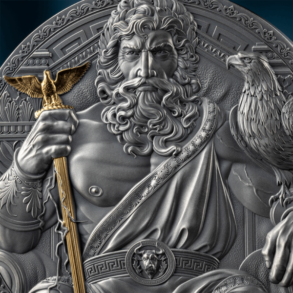 2025 Cameroon Great Greek Mythology Zeus 3 oz Silver High Relief Antiqued Gilded Coin - Image 3