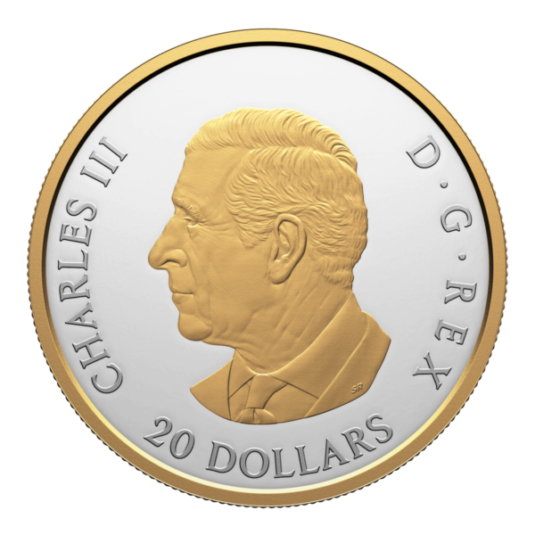 Back of the 2025 Canada Animal Portraits Elk 1 oz Silver Gilded Proof Coin featuring the effigy of King Charles III, gold-plated rim, and proof finish with serrated edge.