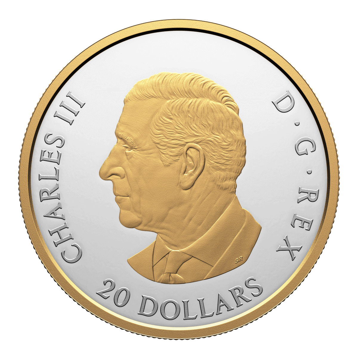 Shiny two-tone Canadian $20 coin featuring a detailed side profile of King George VI, with a silver center and gold outer ring, from 1951.