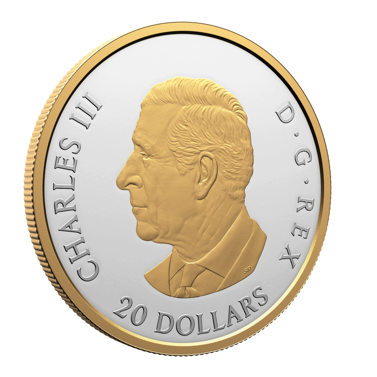 Silver and gold collectible coin featuring a detailed portrait of King George VI, with the inscription "CHARLES II" and a denomination of 20 dollars, dating from the early 20th century.