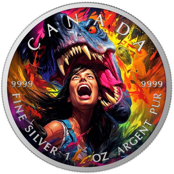 2025 Canada Maple Leaf Dino Attack 1 oz Silver Colorized Coin