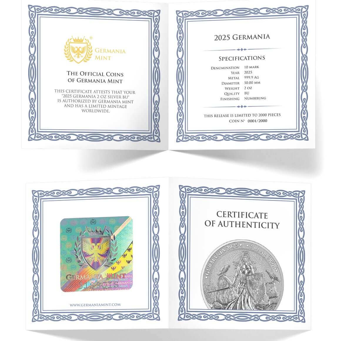 2025 Germany 2 oz silver coin certificate with official logo and authenticity seal, limited edition authentication document from Germany Mint.