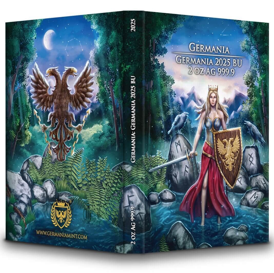 Ancient Germanic warrior woman holding a shield and sword in a forested mountain landscape with Nordic runes.