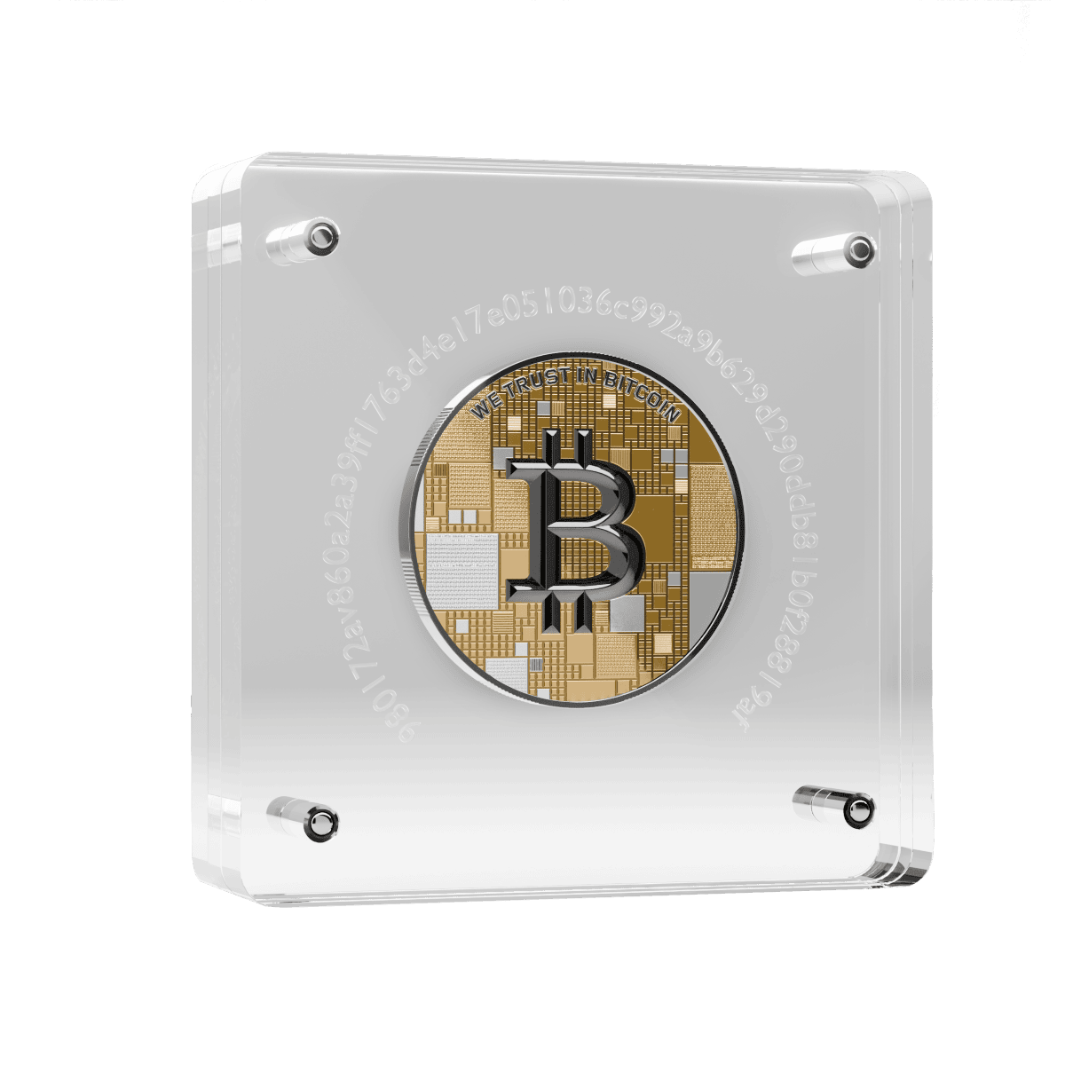 Bitcoin silver coin encased in a clear acrylic display case, featuring gold and silver circuitry design.