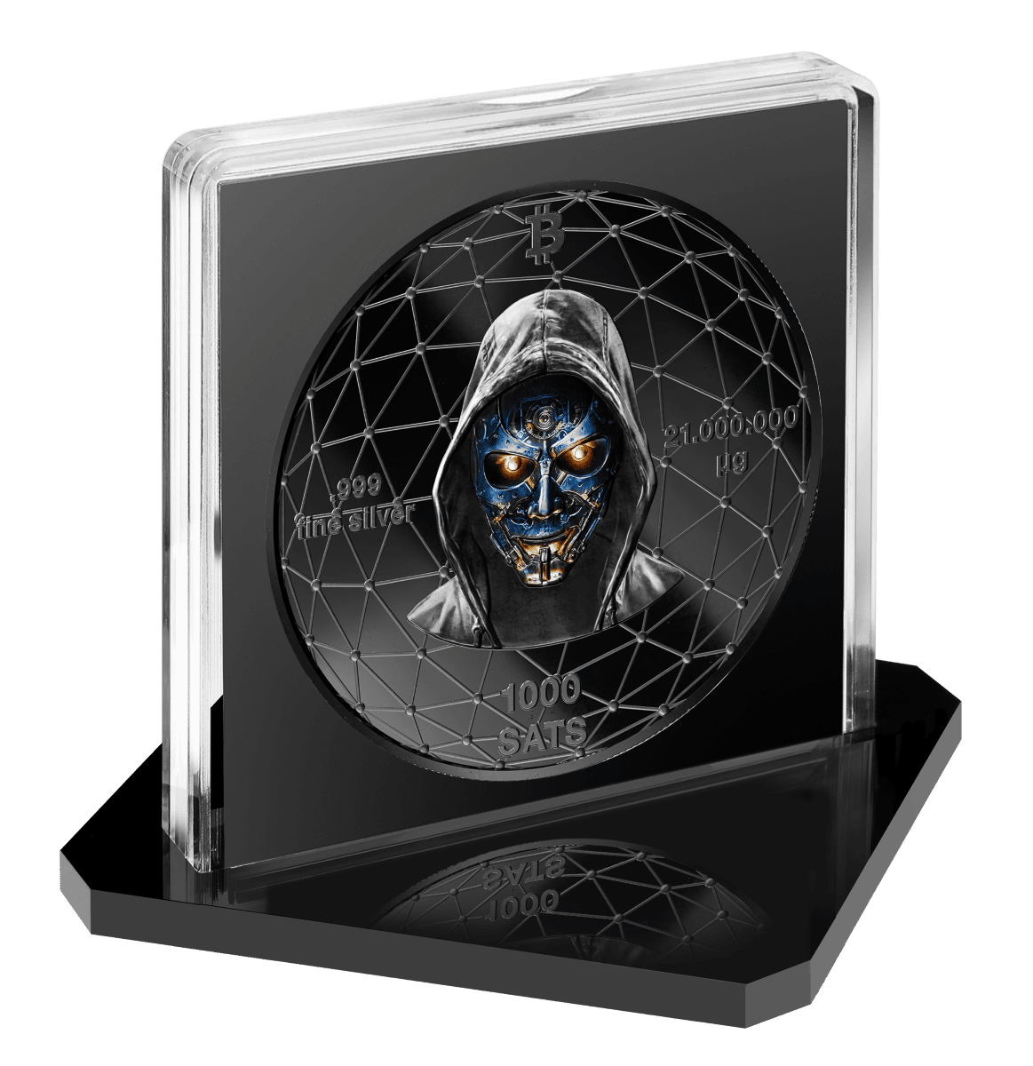 Intricate silver coin featuring a robotic skull with glowing eyes, surrounded by Bitcoin symbols and geometric patterns, encased in a clear protective display.