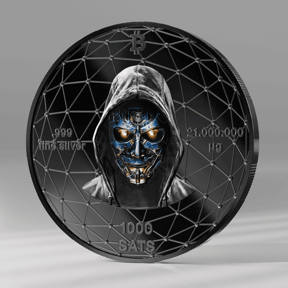 Cryptocurrency themed silver coin featuring a robotic skull with glowing eyes and a hood, with Bitcoin and blockchain designs.