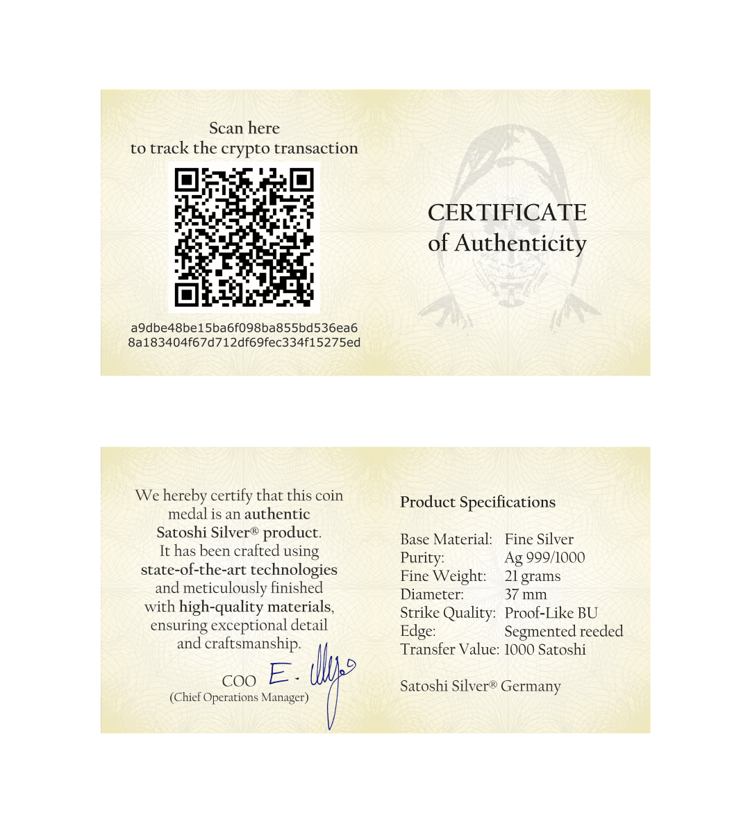 4N2T E. Ully Certification of Authenticity for 21g silver gilded Ruthenium coin, authentic Satoshi Silver® Germany product, high-quality craftsmanship.