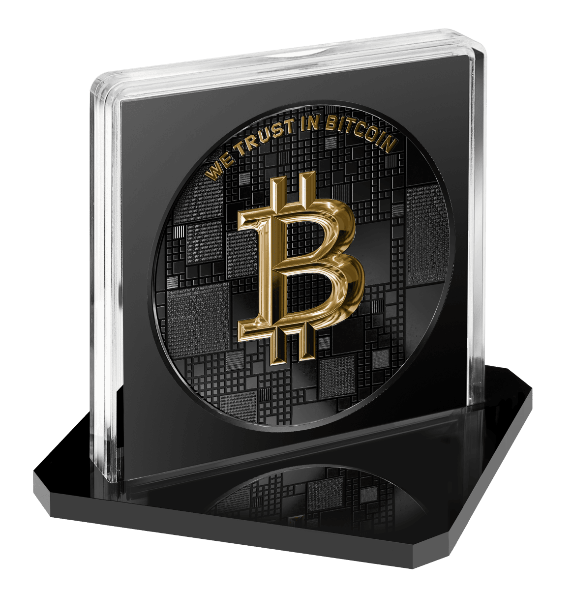 Golden Bitcoin emblem on black and silver commemorative coin, featuring "We Trust in Bitcoin" inscription.