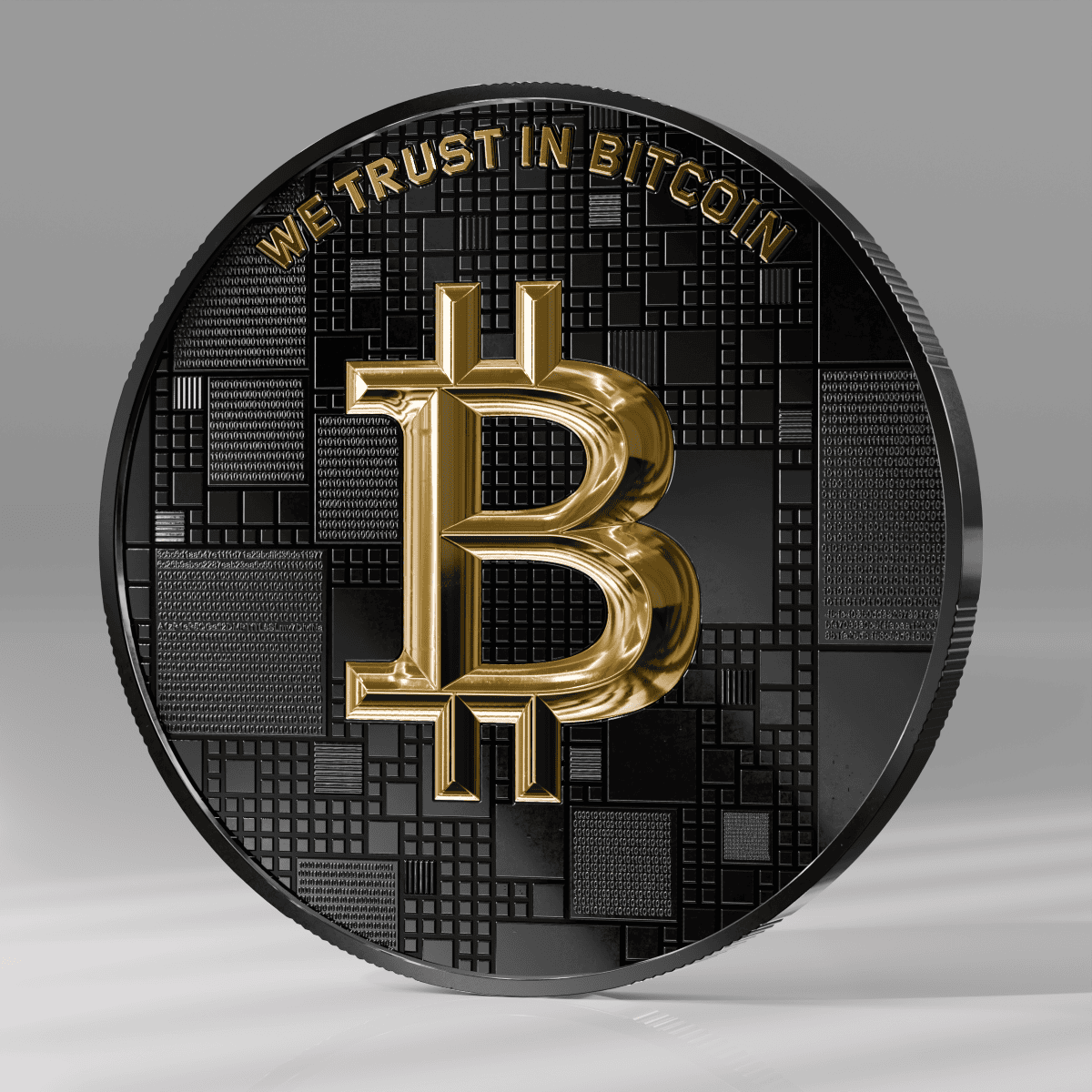 1. Gold Bitcoin logo with digital binary and circuitry background, "We Trust in Bitcoin" inscription.