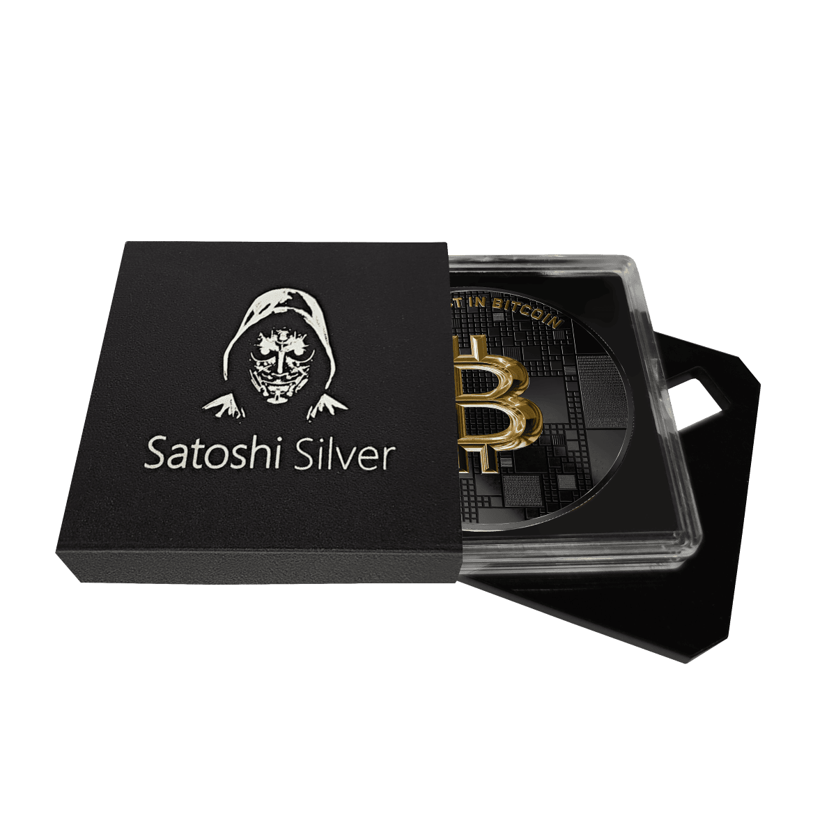 A highly detailed silver coin featuring a gold Bitcoin symbol inside a transparent protective case, presented in a black box with a hooded figure logo.