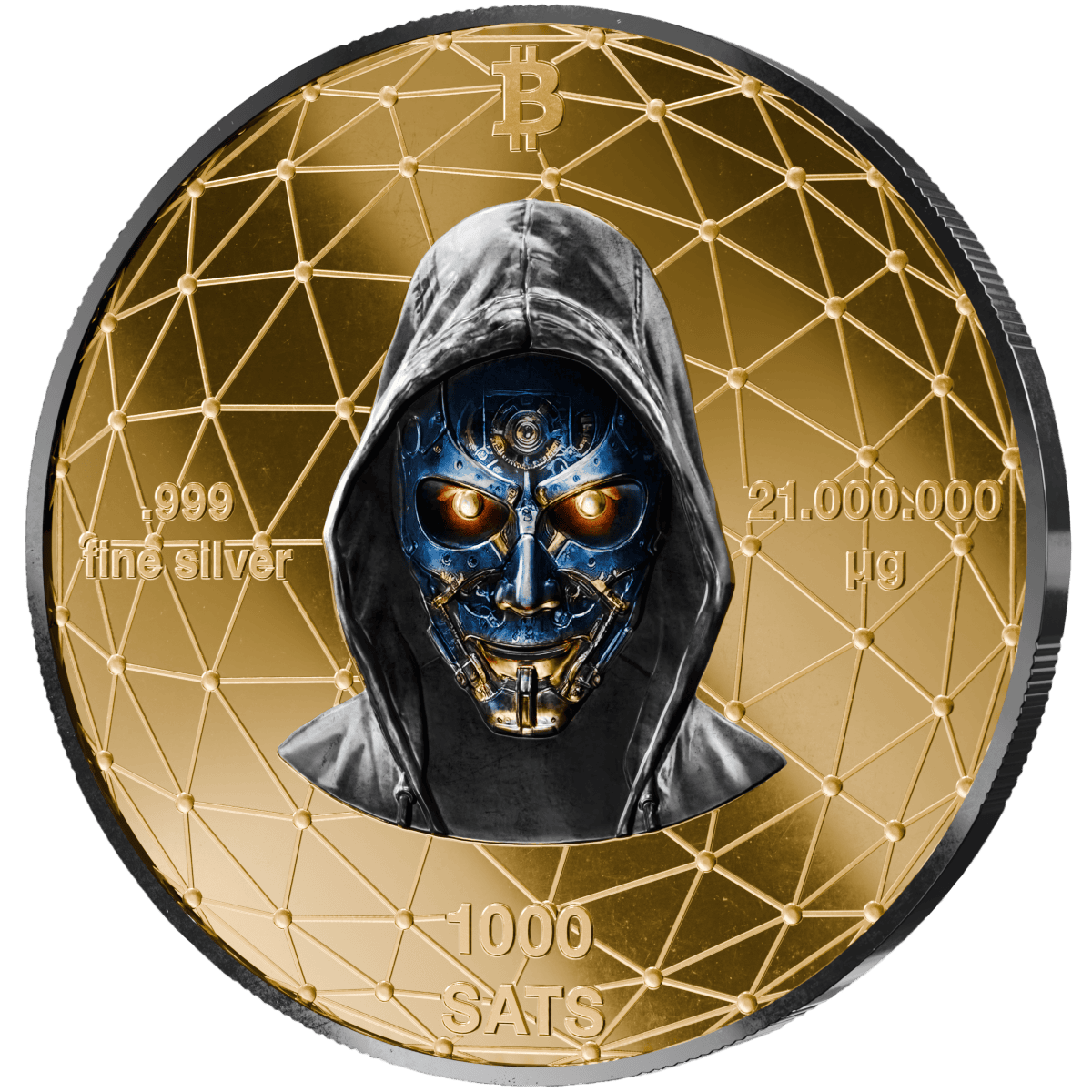 AI4-Image-Alt: Limited edition 21-gram silver coin featuring a futuristic humanoid mask, gold-plated with Bitcoin and cryptocurrency symbols.