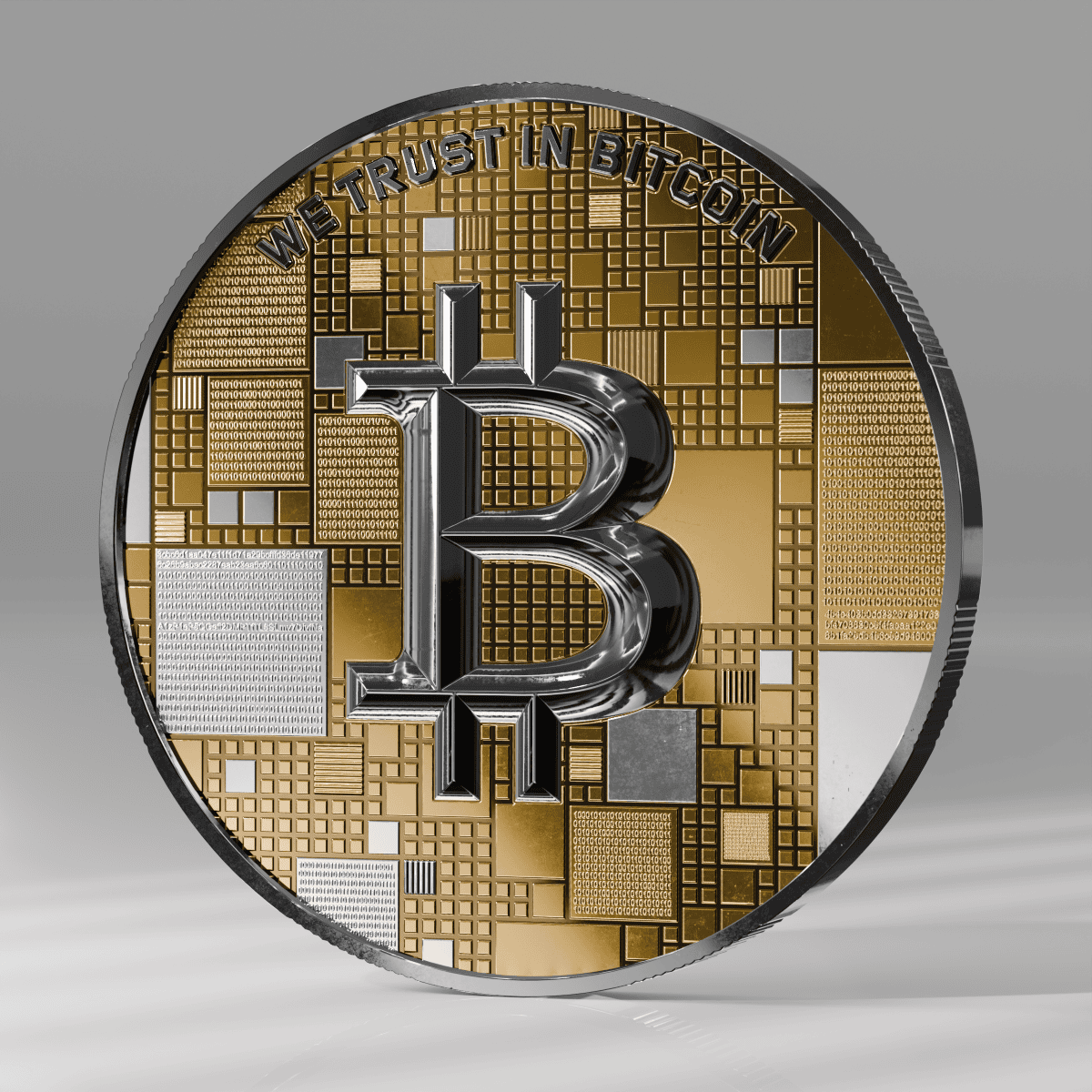 Gold and silver cryptocurrency coin with Bitcoin logo and digital circuitry design.