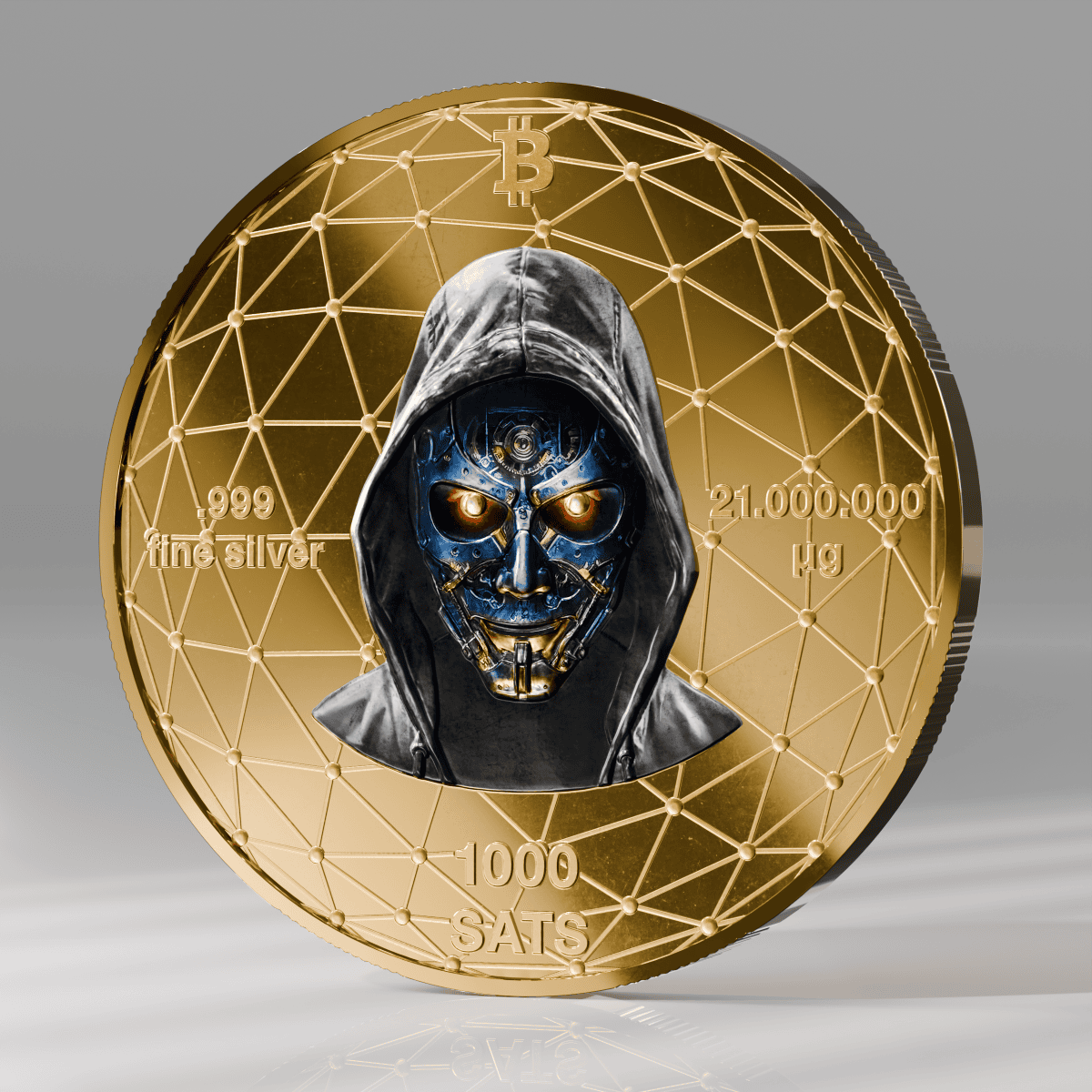 Chrome silver Bitcoin Satoshi coin with a robotic skull design, 21 grams weight, and gold gilding. Digital art commemorating cryptocurrency innovation.