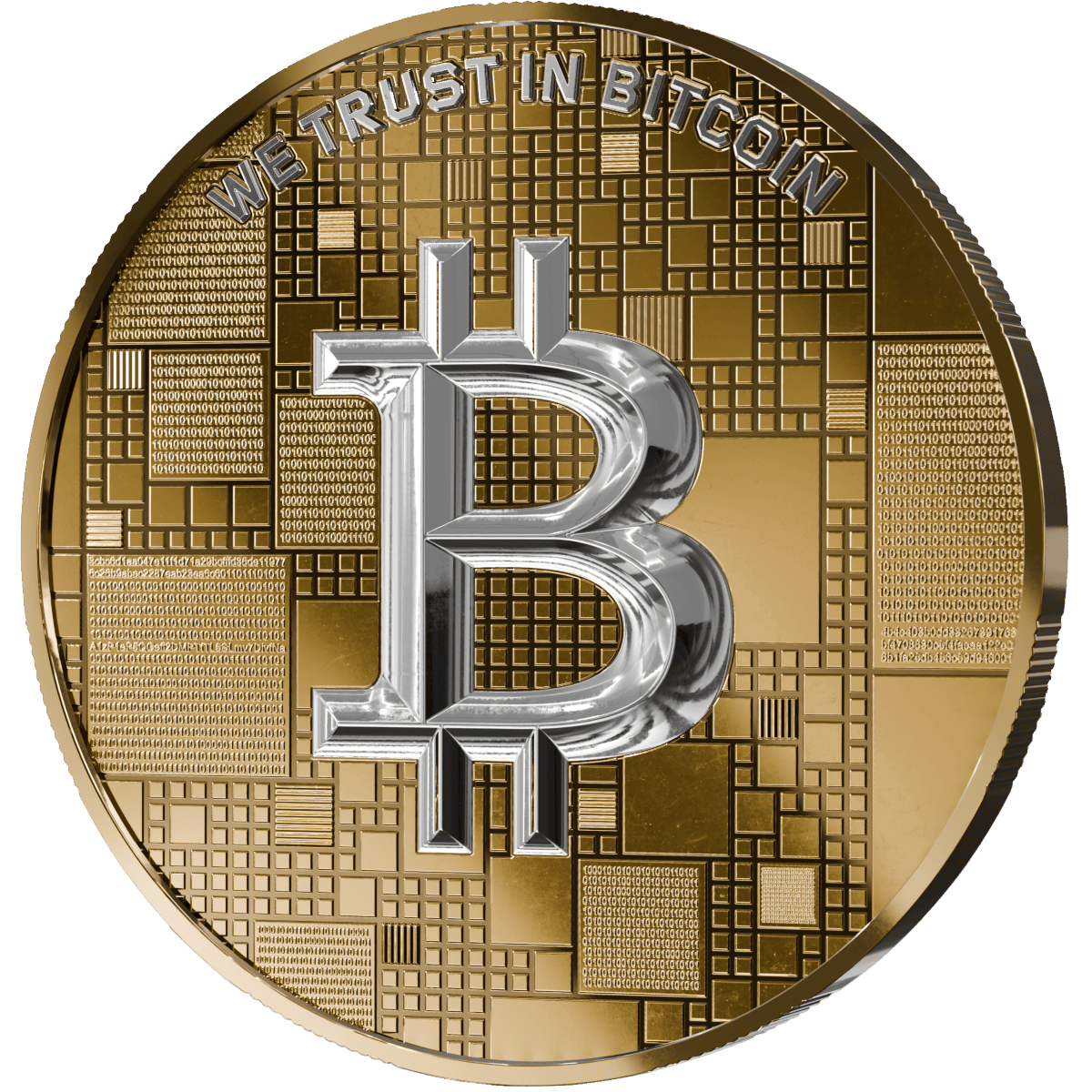 Shiny silver Bitcoin logo on a gold, digital-style background, emphasizing cryptocurrency and precious metal investment.