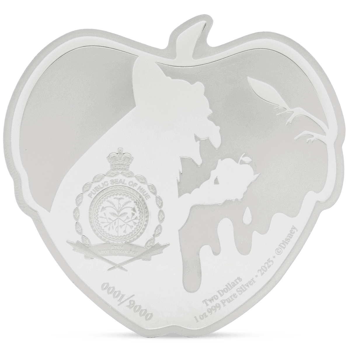 Shiny silver collectible coin in the shape of an apple, featuring the Nigeria coat of arms and floral design, dated 2025, with a dripping effect at the bottom.