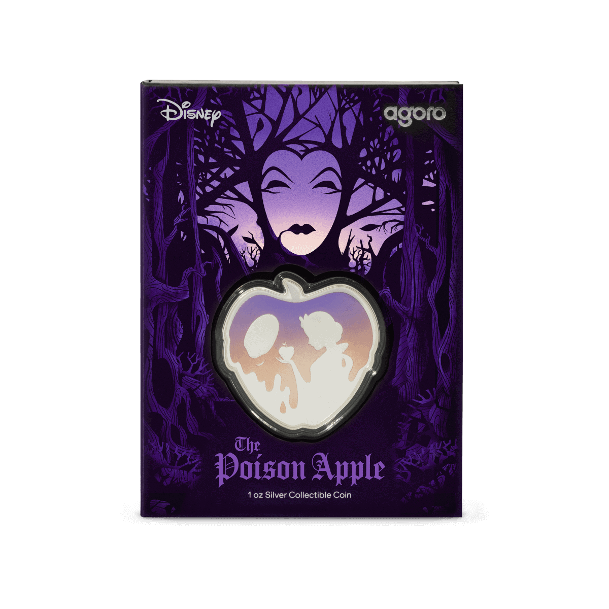 Vintage collectible coin featuring Disney's Poison Apple design, encased in a decorative box with dark purple and black forest imagery, highlighting a mystical and enchanting theme.