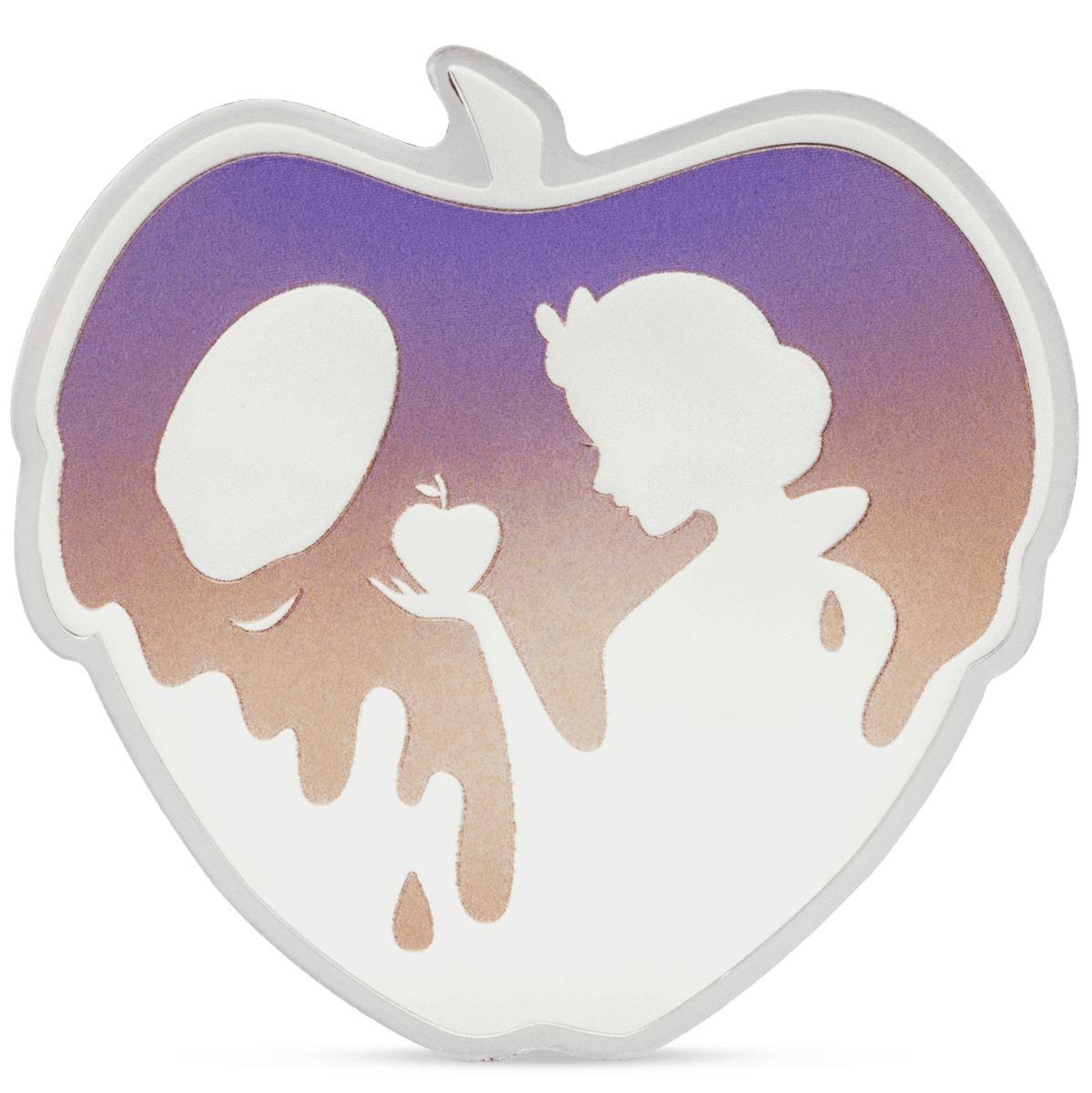Shimmering collectible coin featuring a stylized girl holding an apple in front of a colorful, iridescent background, shaped like an apple and perfect for unique coin collections.