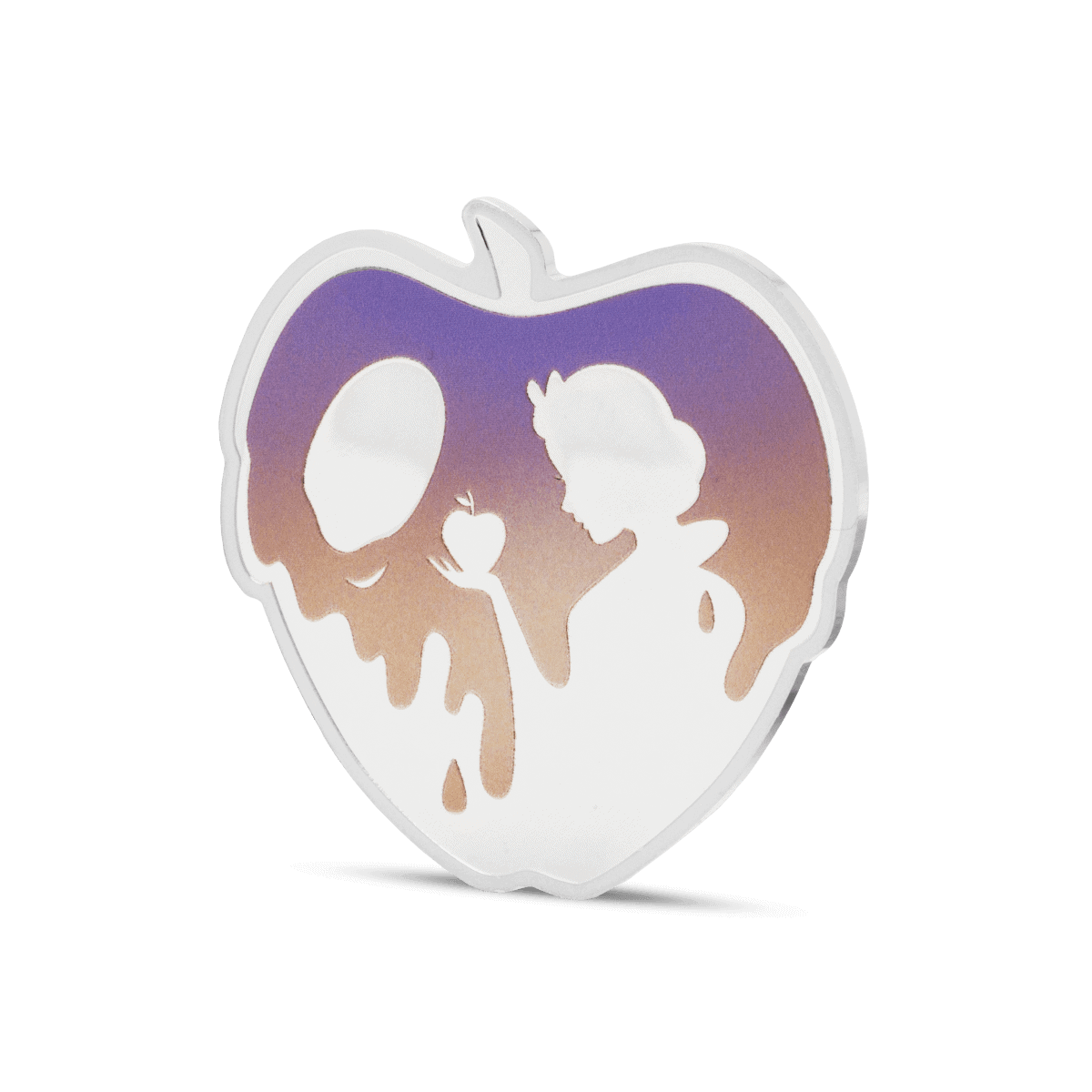 Shimmering collectible coin in the shape of a heart with a silhouette of a girl holding an apple against a gradient background, featuring a reflective surface with vibrant colors.