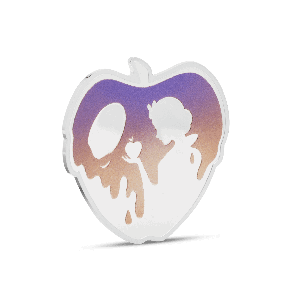 Shimmering collectible heart-shaped enamel pin featuring a silhouette of a person and a skull with an iridescent sunset gradient background. Perfect for unique accessory collections.