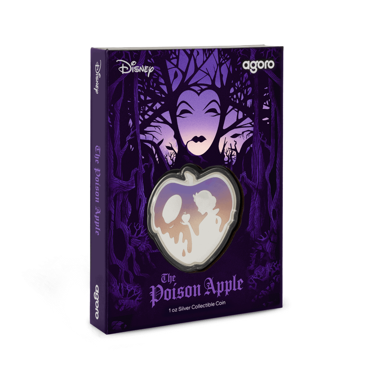 Intricate collectible silver coin themed "The Poison Apple" from Disney, featuring a silhouette of Snow White with a poison apple, encased in a purple and black themed collector's box.