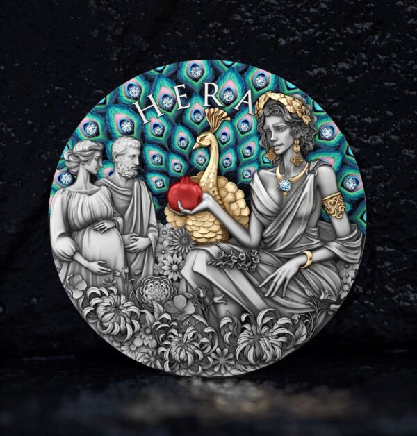 2025 Niue Divine Beauty Hera 2 oz Silver Antiqued Gilded Coin w/Crystal Inserts - Image 4