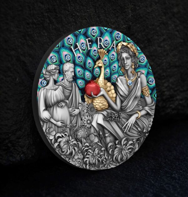 2025 Niue Divine Beauty Hera 2 oz Silver Antiqued Gilded Coin w/Crystal Inserts - Image 5