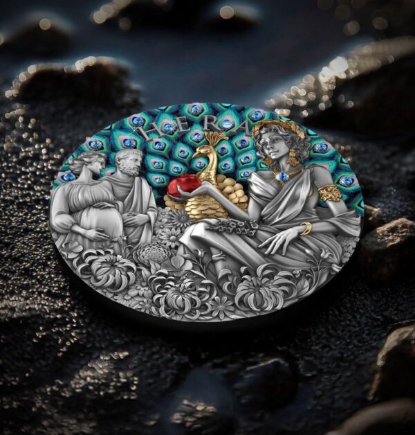 2025 Niue Divine Beauty Hera 2 oz Silver Antiqued Gilded Coin w/Crystal Inserts - Image 7