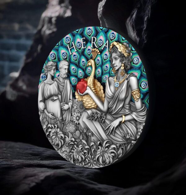 2025 Niue Divine Beauty Hera 2 oz Silver Antiqued Gilded Coin w/Crystal Inserts - Image 6