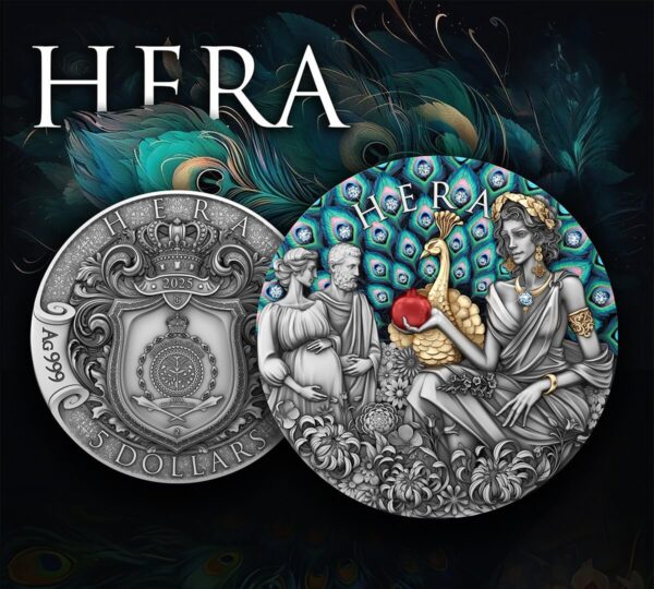 2025 Niue Divine Beauty Hera 2 oz Silver Antiqued Gilded Coin w/Crystal Inserts - Image 3