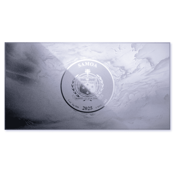 Back view of the 2025 Samoa Fire and Phoenix 1 oz Silver Proof-Like Flat Bar, showing the issuing country and denomination details.