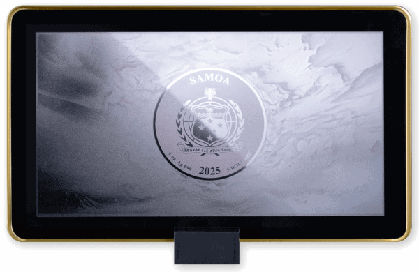 Back view of the 2025 Samoa Fire and Phoenix 1 oz Silver Flat Bar, showcasing the Samoa coat of arms and key sovereign details.
