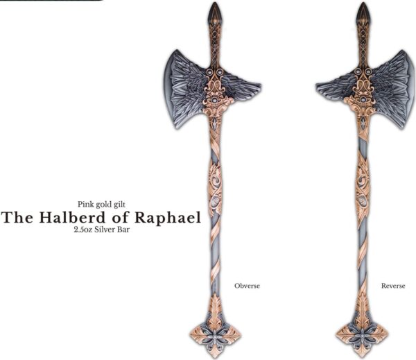 2025 South Korea The Halberd of St. Raphael Sword 2 oz Silver Rose Gold Gilded Bar - Image 3