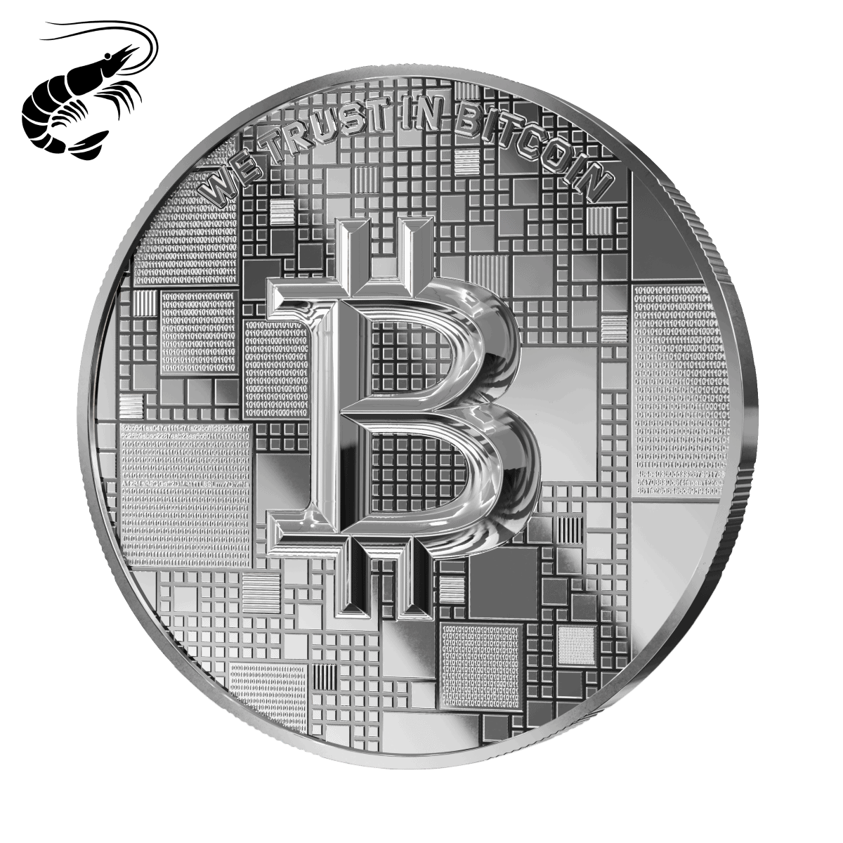 Silver Bitcoin shrimp collectible coin with complex digital pattern and "We Trust in Bitcoin" inscription.