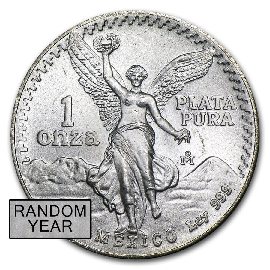 Shiny Mexican Libertad 1 oz Silver BU coin, 2023, minted in Mexico, featuring a detailed angel design, perfect for.