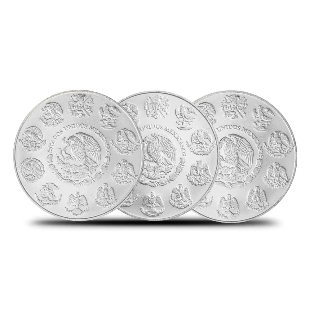 Shiny silver Mexican Libertad 1 oz coin, front view, minted in 2023, showcasing intricate design, perfect for colle.