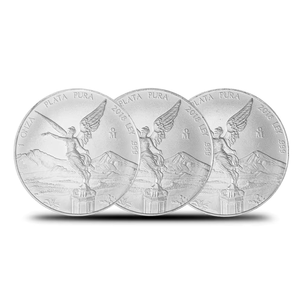The Mexican Libertad 1 oz Silver BU Coin, 2018, Mint of Mexico, front angle, random year, 1 oz weight, iconic desig.
