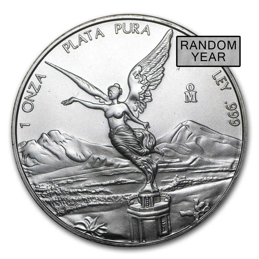 Silver Mexican Libertad 1 oz BU coin, reverse view, minted by Mexico, 2023, featuring the Winged Victory goddess.