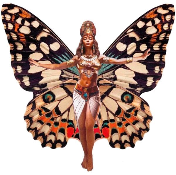 Front of the 2024 Ghana Lady Butterfly silver coin showing a sculpted female figure with arms raised, forming the body of vividly colored butterfly wings in a high-relief finish, set against a polished silver background.