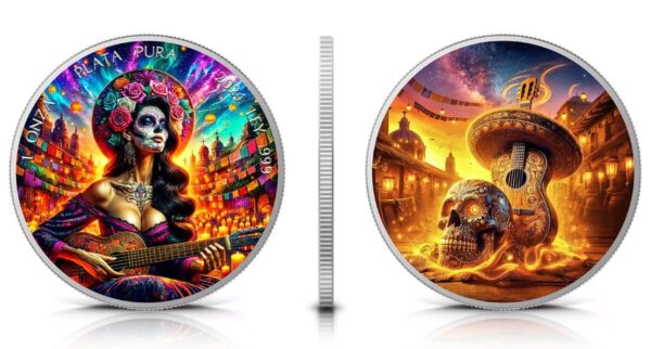 2024 Mexico Libertad Dia De Los Muertos Guitarist Sunrise 1 oz Silver Colorized Coin - Image 5