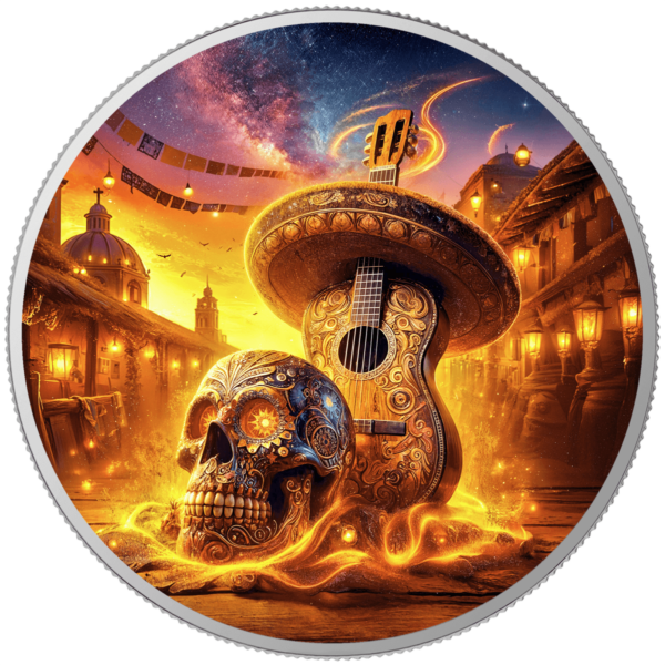 2024 Mexico Libertad Dia De Los Muertos Guitarist Sunrise 1 oz Silver Colorized Coin - Image 2