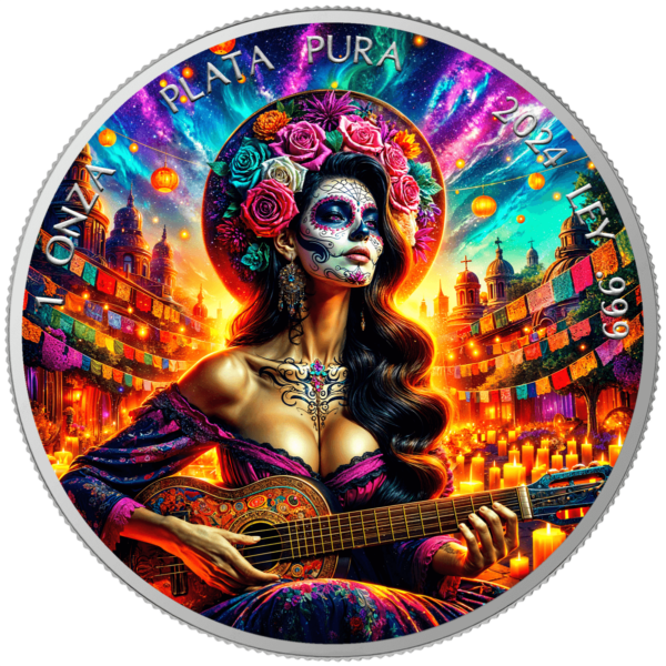 2024 Mexico Libertad Dia De Los Muertos Guitarist Sunrise 1 oz Silver Colorized Coin