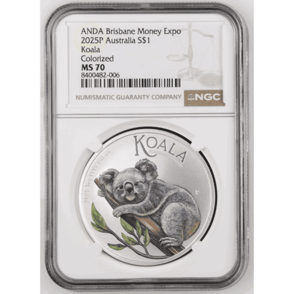 2025 Brisbane Money Expo ANDA Special Koala 1oz Silver Colorized Coin in protective holder with event labeling