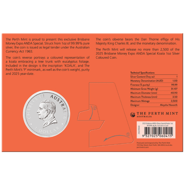 Back of 2025 Brisbane Money Expo ANDA Special Koala 1oz Silver Coin Card with coin specifications and barcode