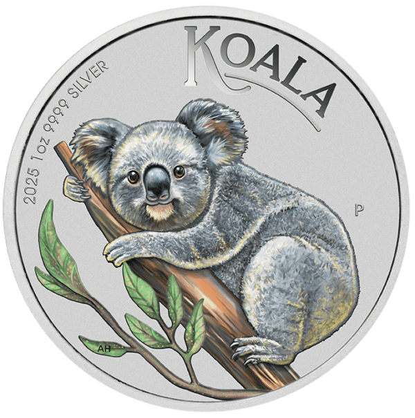 2025 Koala 1oz Silver Colorized Coin featuring a koala on a tree branch with eucalyptus leaves