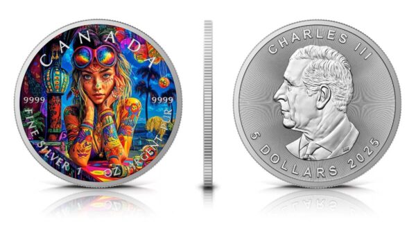 2025 Canada Maple Leaf Tattoo Girl Tuesday 1 oz Silver Colorized Coin - Image 5