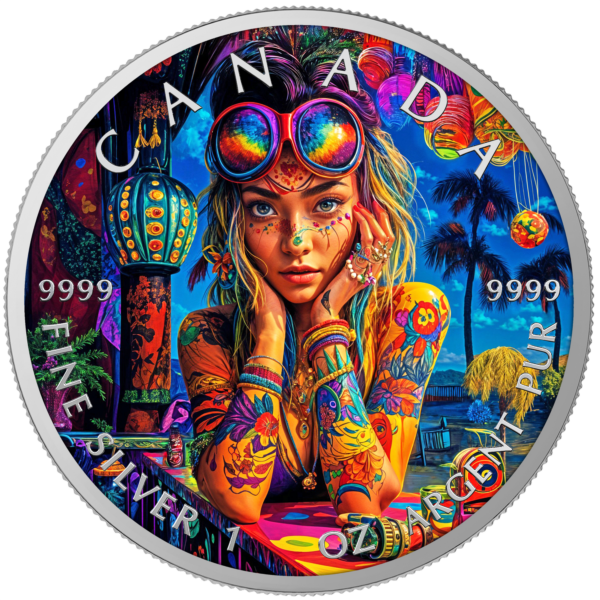 2025 Canada Maple Leaf Tattoo Girl Tuesday 1 oz Silver Colorized Coin